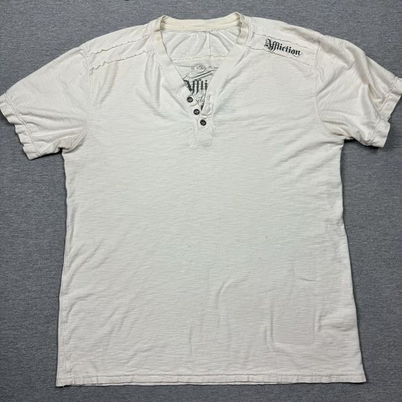 Affliction Tops - affliction henley womens t-shirt medium ivory short sleeve v-neck top FLAWS